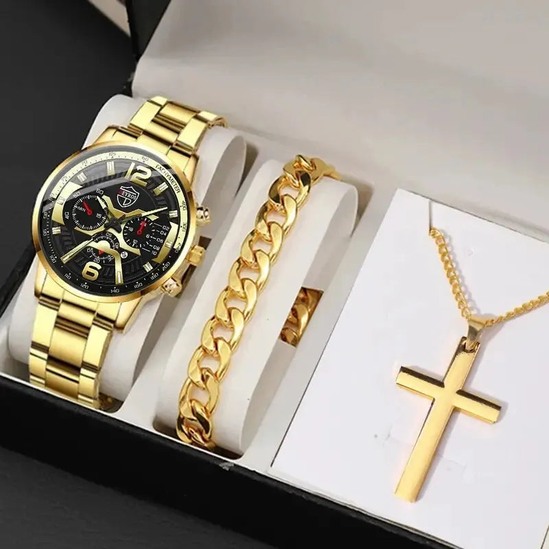5PCS Set DEYROS Fashion Mens Calendar Watches Men Business Stainless Steel Quartz Wristwatch Male Casual Necklace Bracelet Watch mbzr