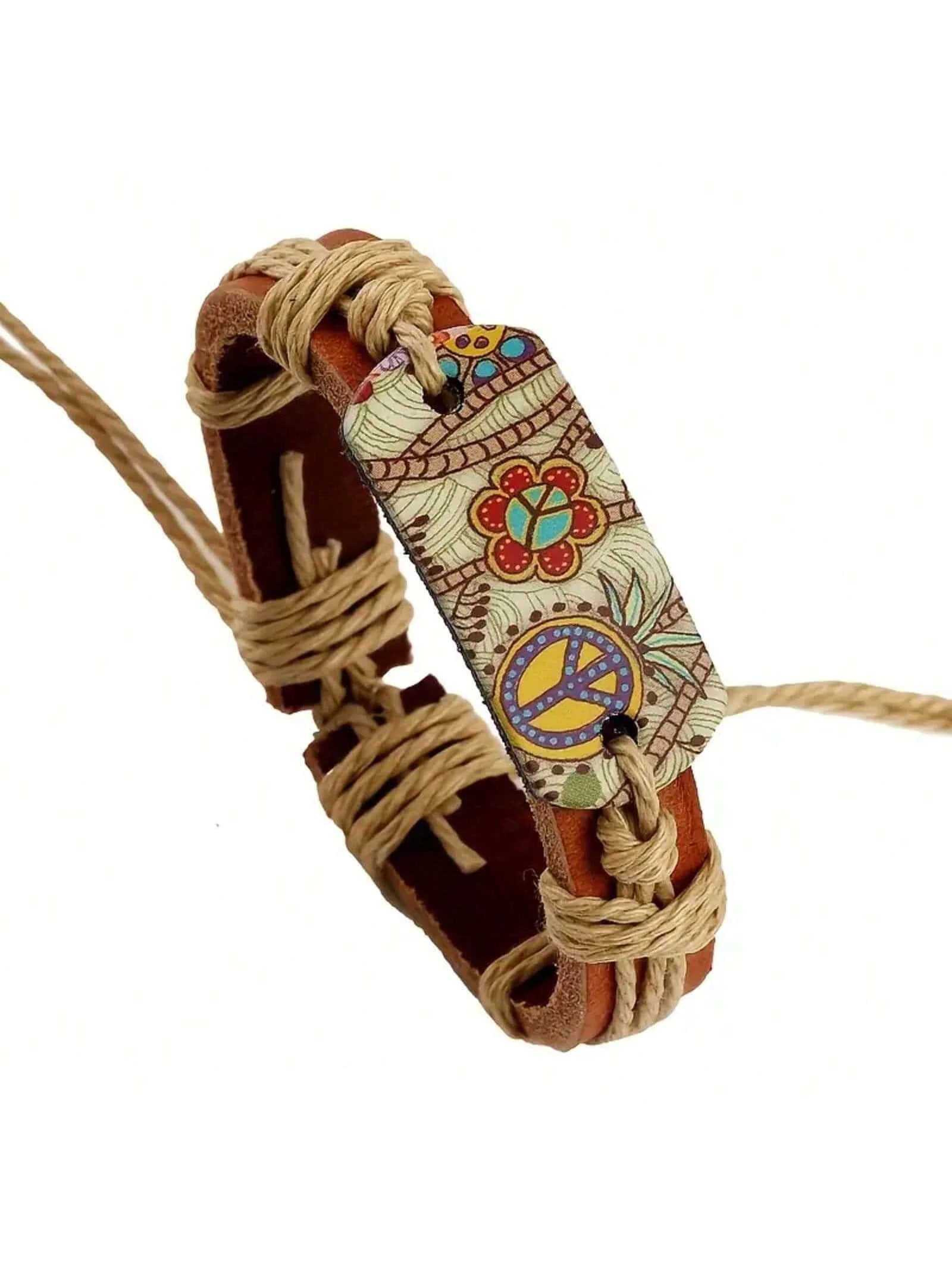 Vintage Style Hot Paint Peace Sign PU Leather Bracelet Woven Bracelet