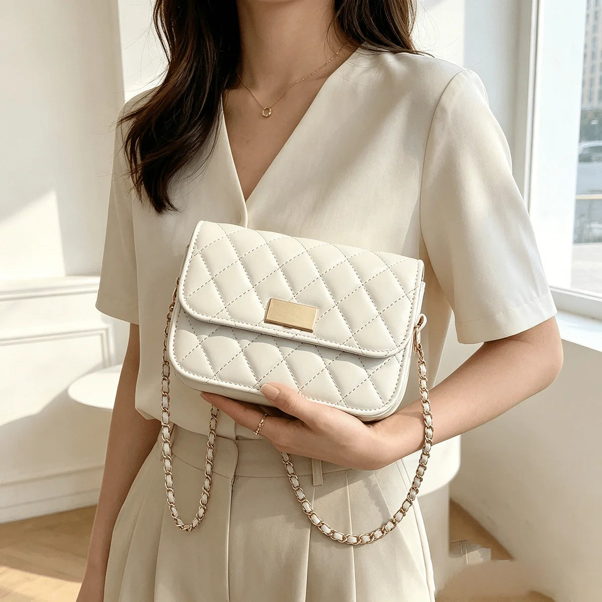 Quilted PU Leather Crossbody Bag with Gold Clasp & Chain Strap