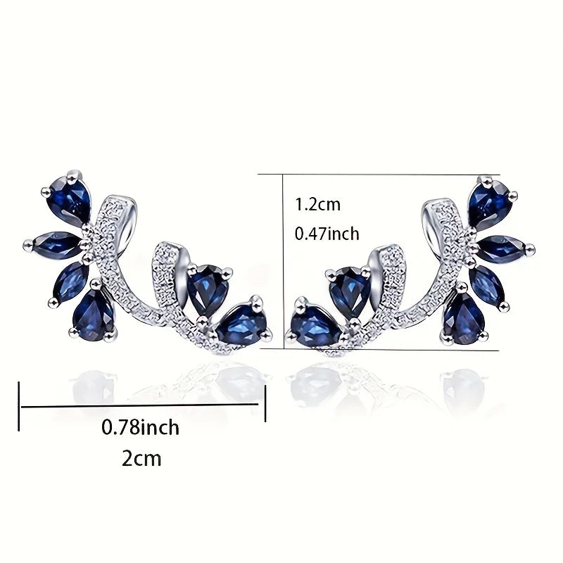 Dainty Silver Color Blue Crystal Feather Ear Climbers Trendy Pear Cut Zirconia Crawler Earrings Daily Wear Fine Jewelry Anniversary Gift