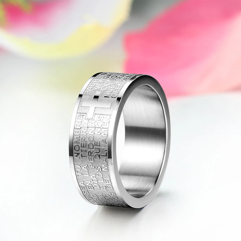 Fashion Mens 316L Stainless Steel Ring Spanish Lord's Prayer Bible Cross 8mm Band silver color anillos hombre mens jewellery