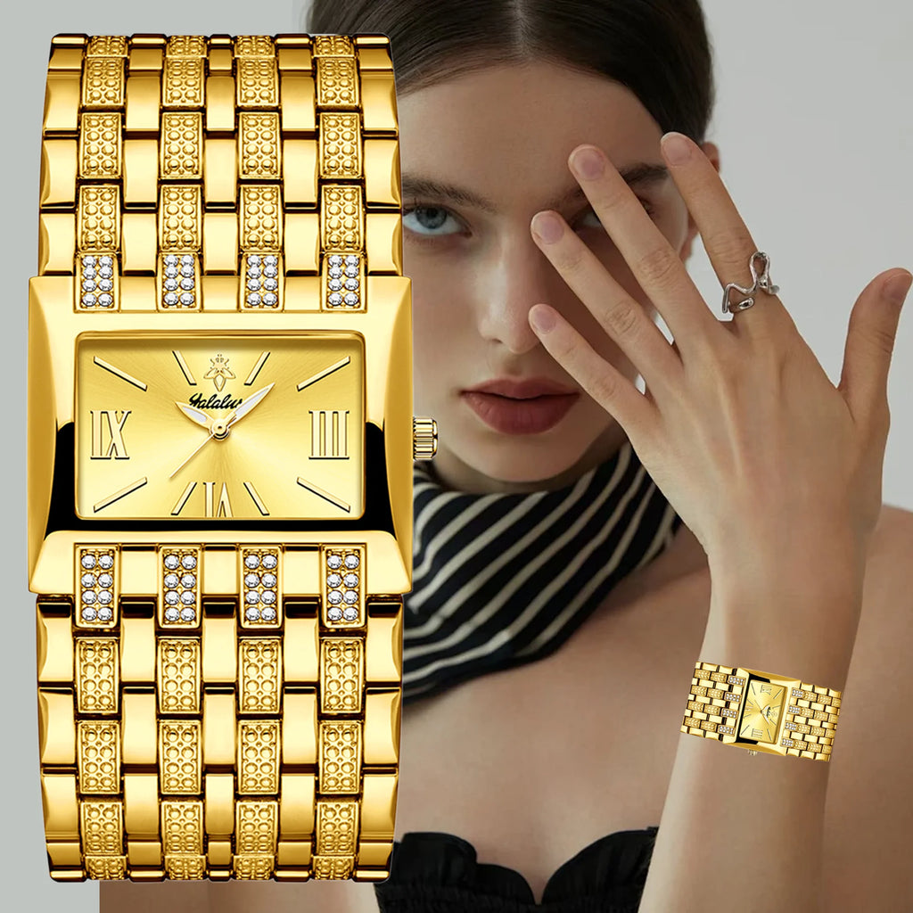 YaLaLuSi Full Rhinestone Square Ladies Watch Silver Metal Strap Gold Roman Dial Luxury Women Quartz Dress Watch