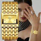 YaLaLuSi Full Rhinestone Square Ladies Watch Silver Metal Strap Gold Roman Dial Luxury Women Quartz Dress Watch