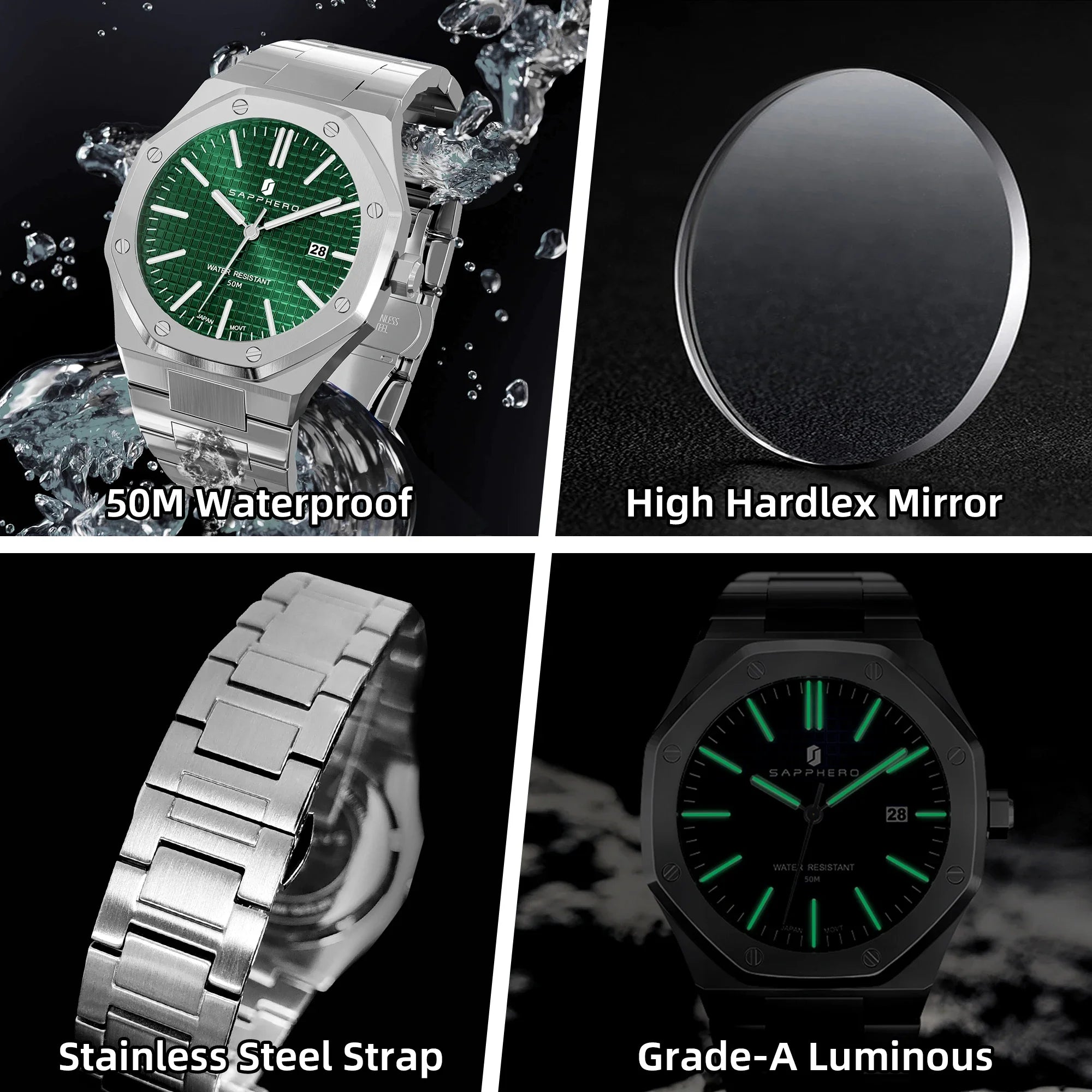 SAPPHERO Men Analog Watch Stainless Steel Quartz Movement Date Display 50M Waterproof Classic Business Casual Wristwatch Gift