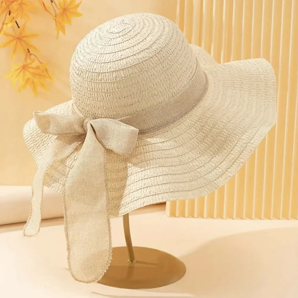 1pc Ladies' Khaki Wave Striped Bowknot Beach Hat, Boho Shell Hollow Elegant and Sun-Protected