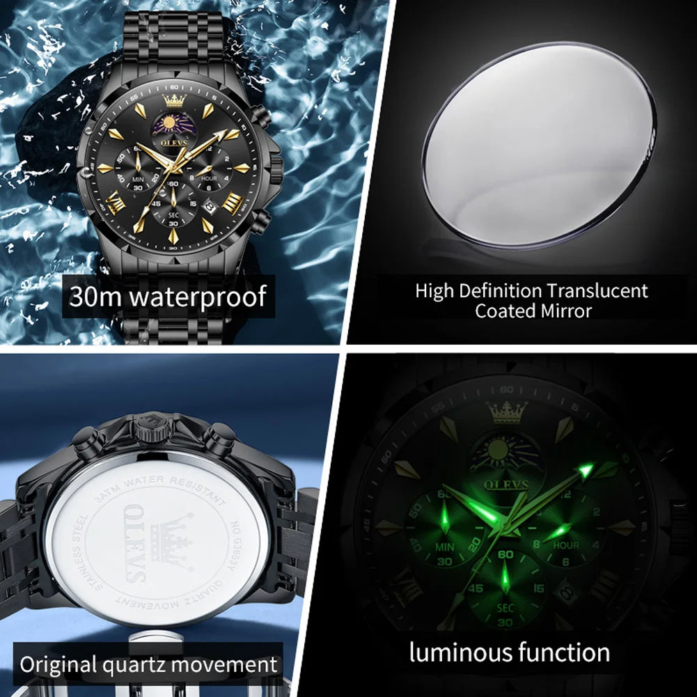 OLEVS 3653 Moon Phase Men Watch Luxury Brand Quartz Watch Fashion Original Waterproof Luminous 24-hour Automatic Date Men Watch mbzr