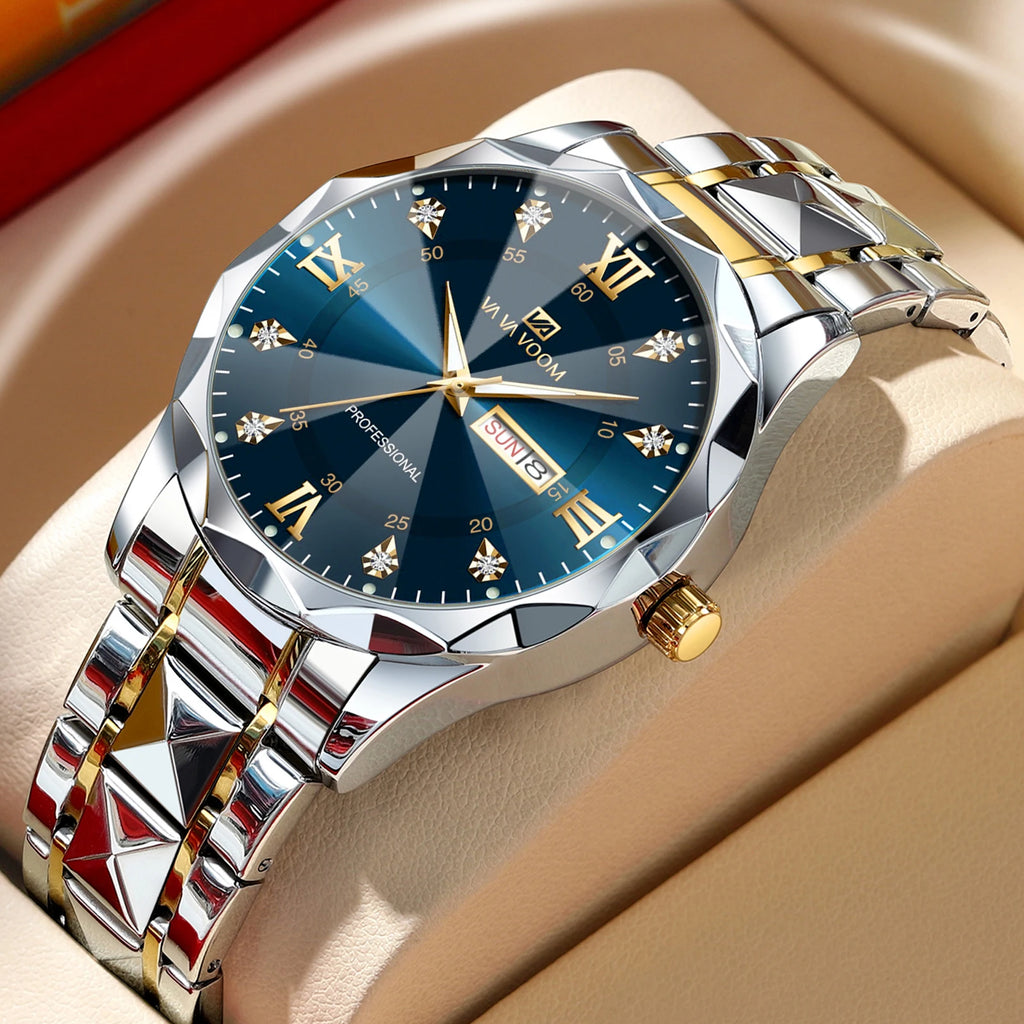 VA VA VOOM Hot Selling Original Blue Gold Quartz Watch Men Fashion High Quality Rhombus Design Fashion Business Japanese Movement Gold Stainless Steel Fashion Clock Sports Gift Watch for Men mbzr