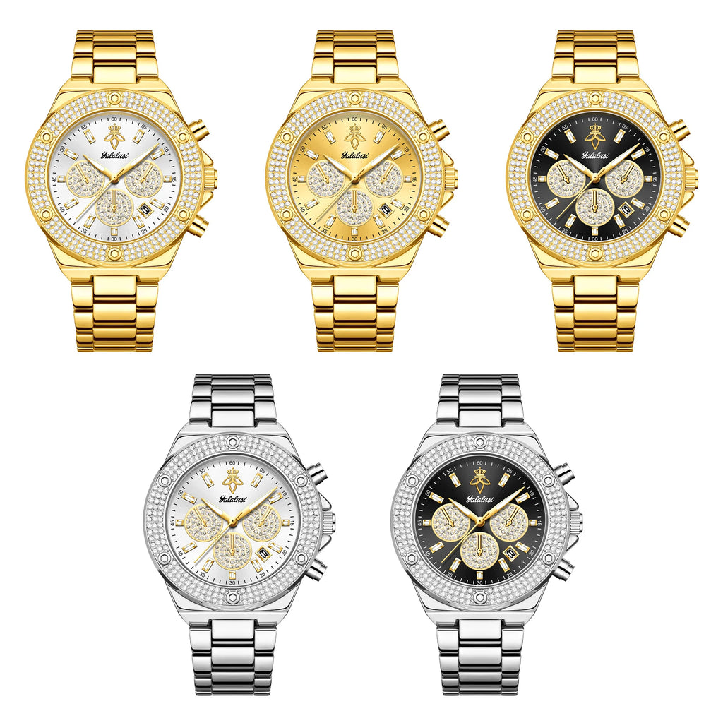 YaLaLuSi Men Women Fashion Watch, Waterproof Sports Bling Diamond Chronograph Wristwatch, Gold Band, Free Shipping