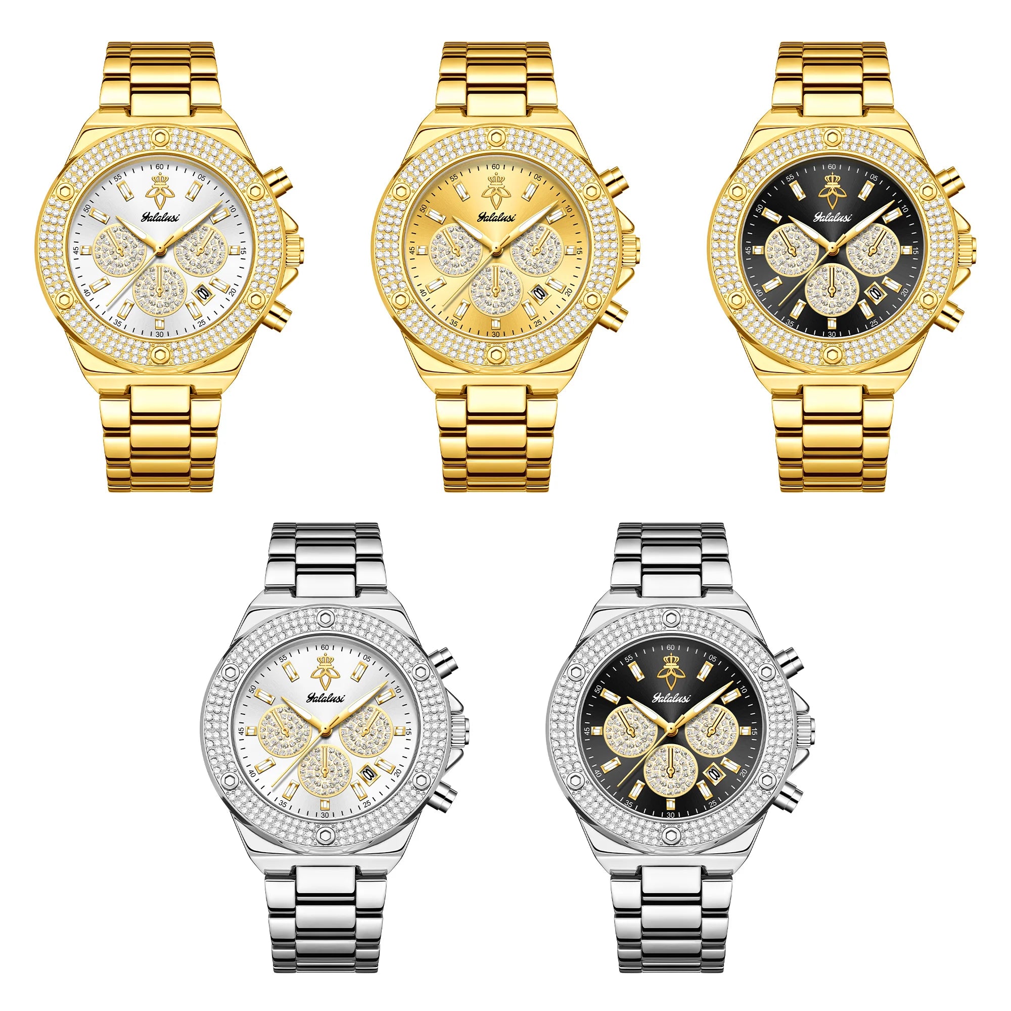 YaLaLuSi Men Women Fashion Watch, Waterproof Sports Bling Diamond Chronograph Wristwatch, Gold Band, Free Shipping