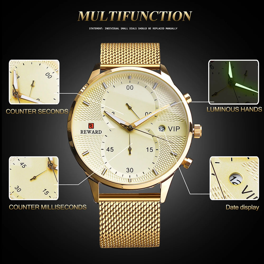 REWARD Classic Gold Wrist Watches For Top Brand Luxury Business Date Waterproof Luminous Stainless Steel Men Quartz Wristwatch