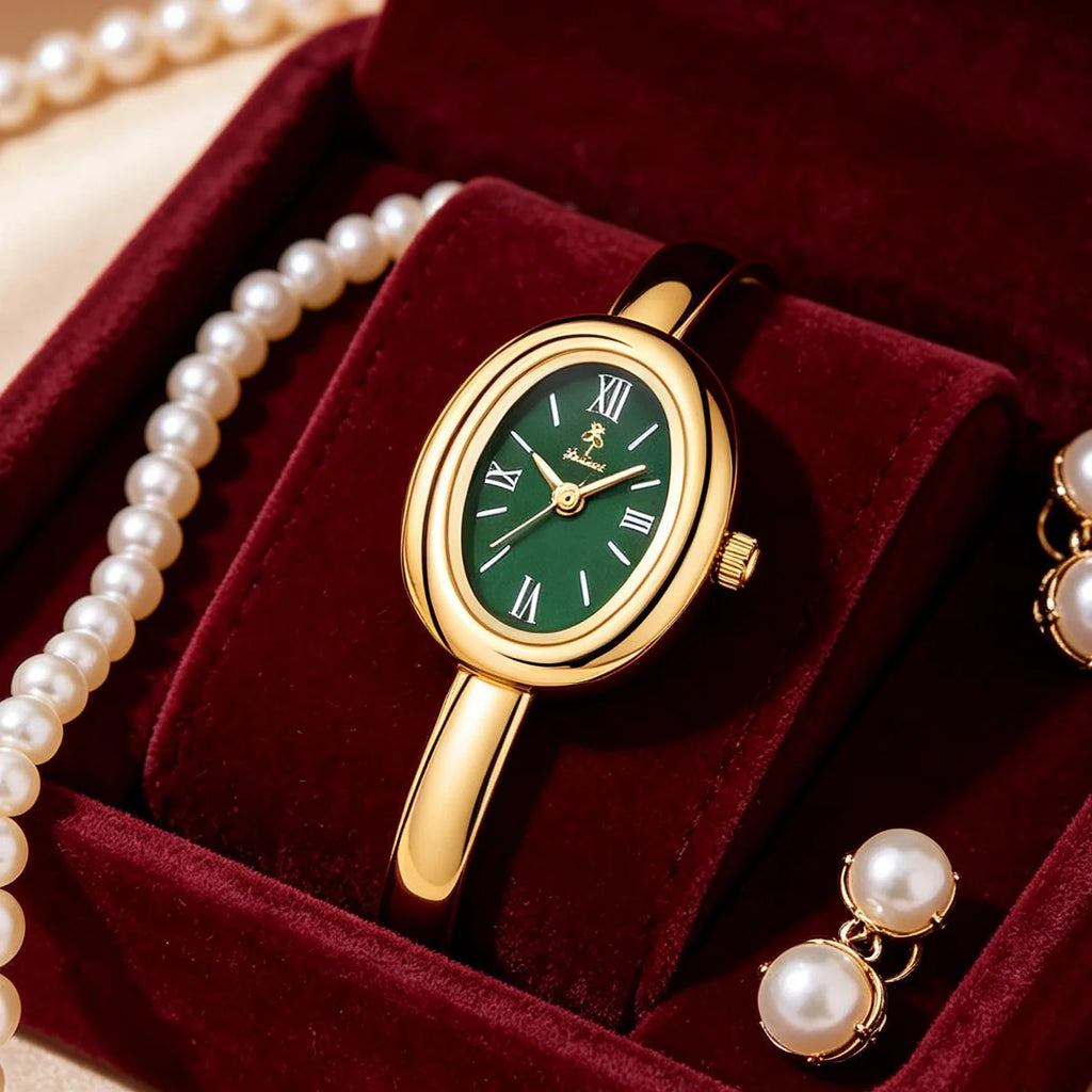 YaLaLuSi Vintage Green Oval Dial Gold Bangle Watch Elegant Retro Roman Numeral Ladies Quartz Wristwatch Luxury Women  Gift