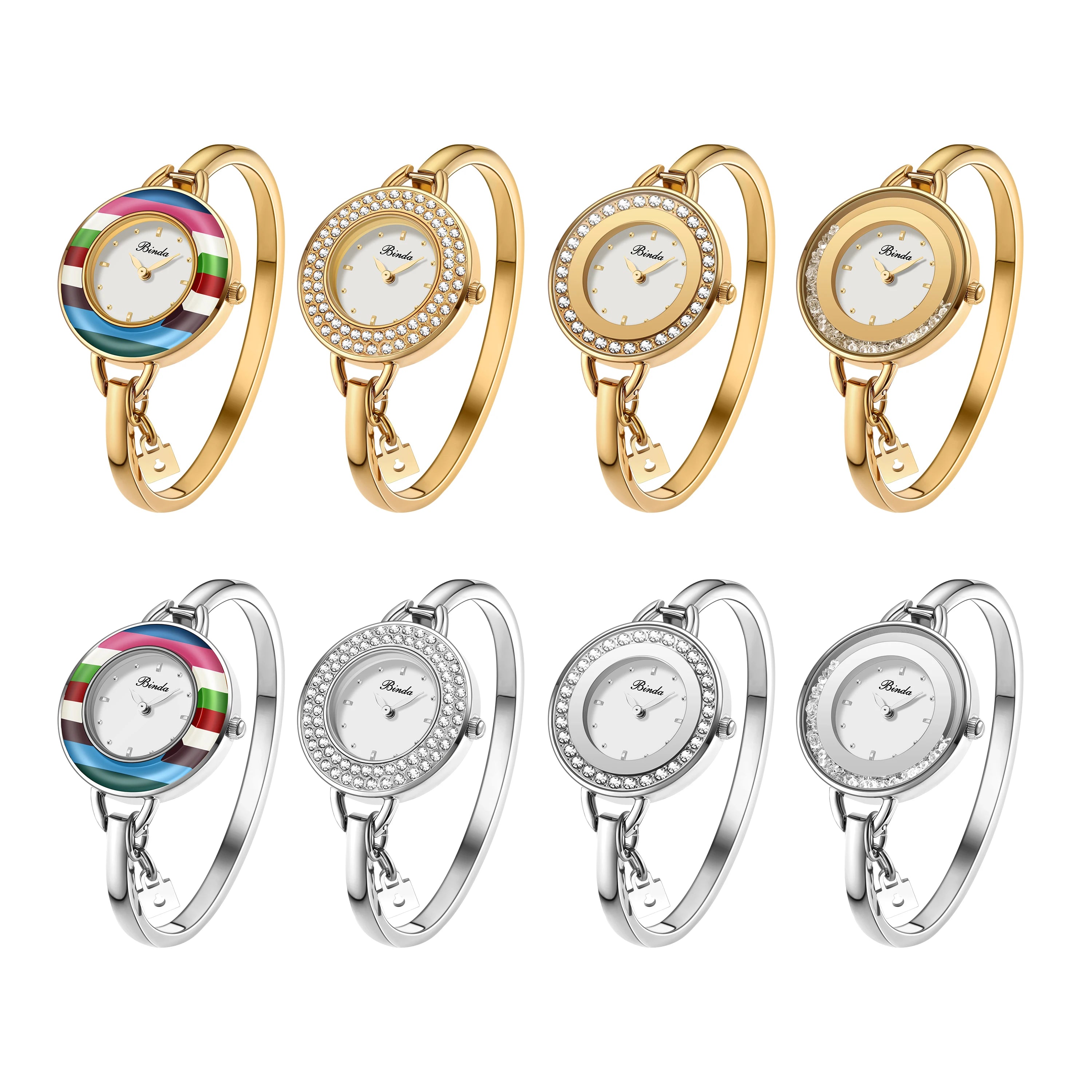 Binda Women’s Elegant Waterproof Quartz Watch – Rainbow Gold Stainless Steel Bracelet, Round Delicate Dial