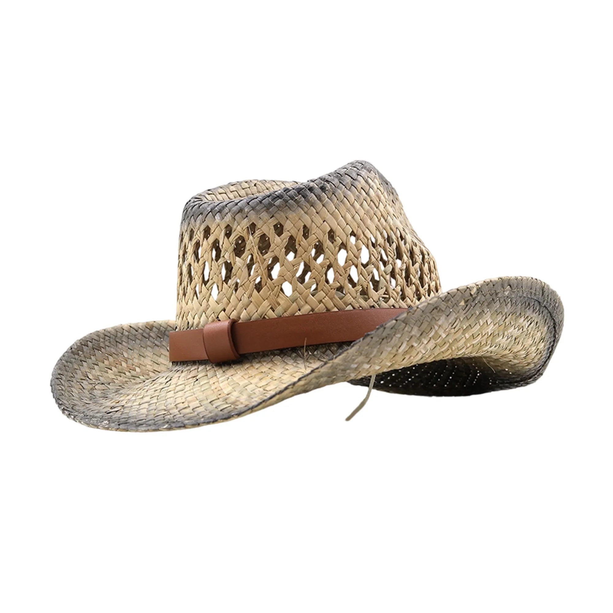 Vintage Cowboy Hat Wide Brim Western Straw Hat with Studded Belt Classic Style