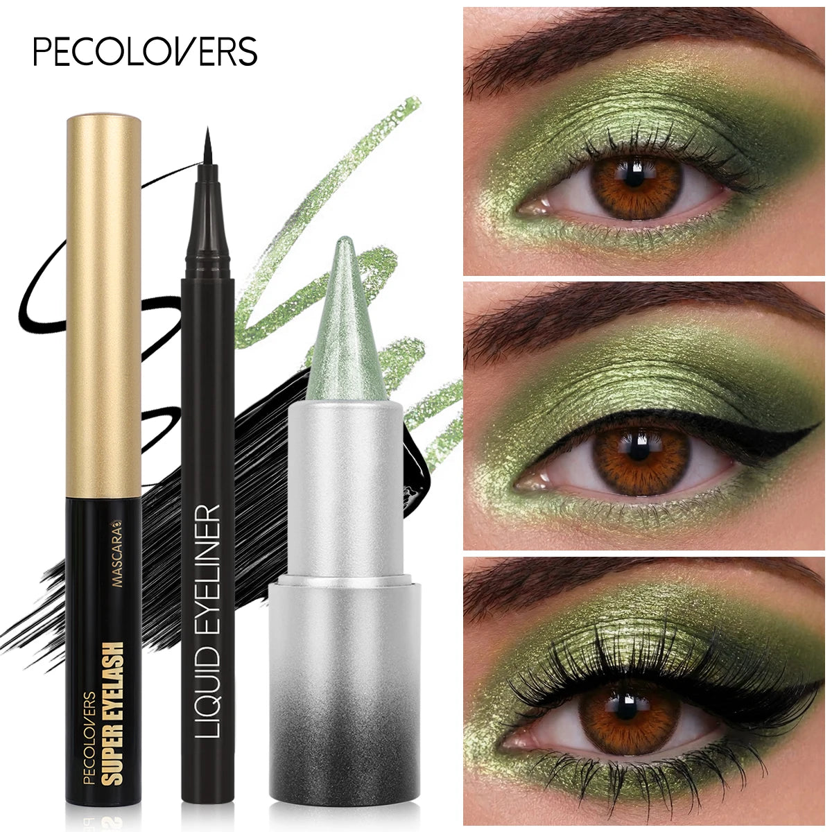 3pcs/Set Glitter Eye Shadow+Mascara +Eyeliner Sharp Headed Shimmer Eyeshadow WaterproofEyelashes Black Liquid Eyeliner mbzr