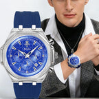 YaLaLuSi Silver Octagon Blue Chronograph Men Watch Tachymeter Silicone Strap Sport Quartz Wristwatch With Gift Box