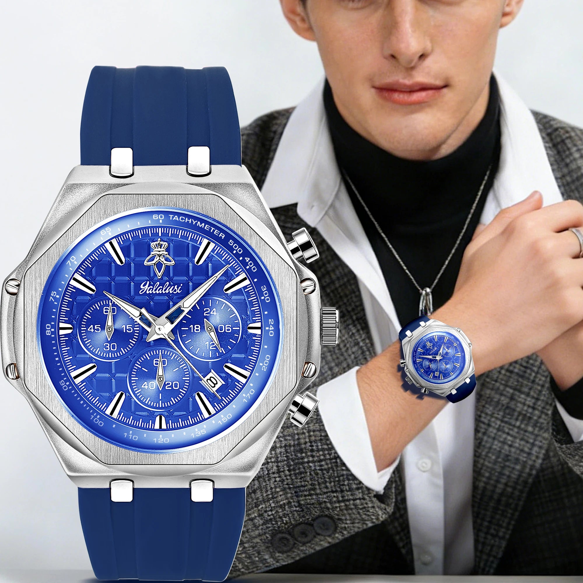 YaLaLuSi Silver Octagon Blue Chronograph Men Watch Tachymeter Silicone Strap Sport Quartz Wristwatch With Gift Box