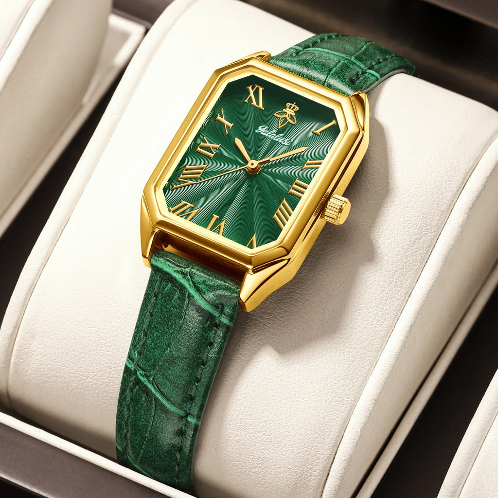 YaLaLuSi Vintage Gold Ladies Watch Irregular Octagon Rectangle Emerald Green Dial Croc Embossed Leather Band Elegant Roman Scale Quartz Wristwatch For Women