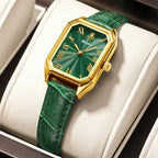YaLaLuSi Vintage Gold Ladies Watch Irregular Octagon Rectangle Emerald Green Dial Croc Embossed Leather Band Elegant Roman Scale Quartz Wristwatch For Women