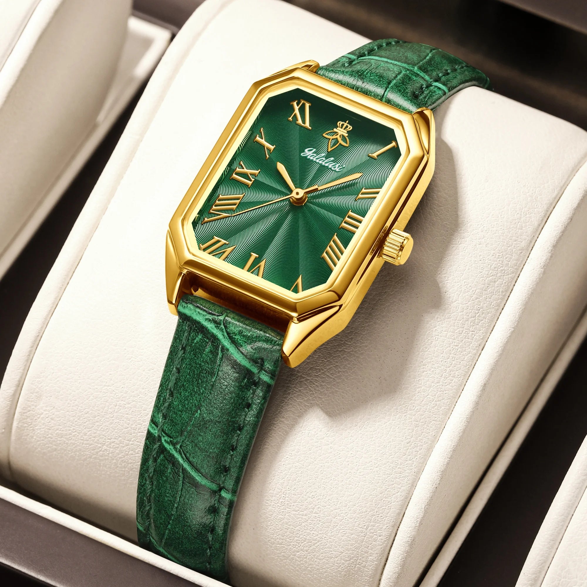 YaLaLuSi Vintage Gold Ladies Watch Irregular Octagon Rectangle Emerald Green Dial Croc Embossed Leather Band Elegant Roman Scale Quartz Wristwatch For Women