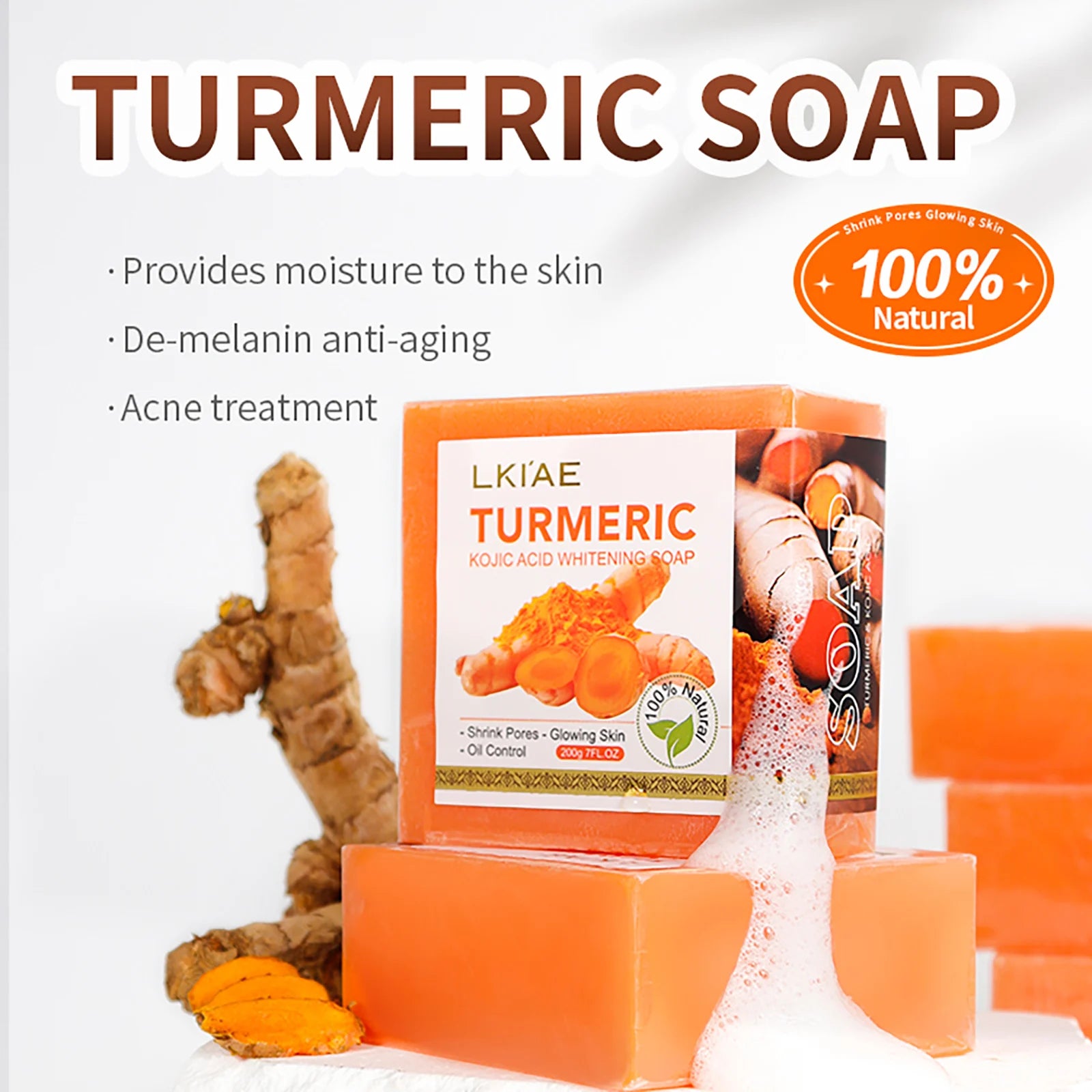LKIAE Organic Turmeric Soap Bar, Natural Herbal Hand Made Whitening Soap, Reduce Melanin, Pimples, Acne, For Face And Body,200g mbzr