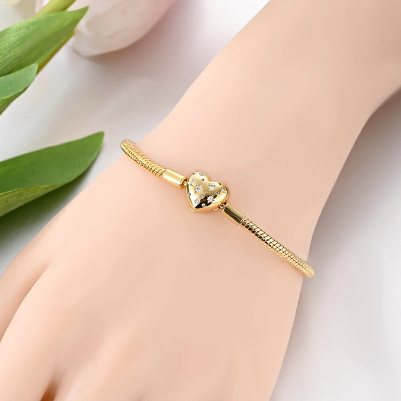 925 Sterling Silver Bracelets 17-20CM Original Golden Sparkling Heart Shaped Bracelet Fit DIY Charms Beads Fashion Women Jewelry mbzr