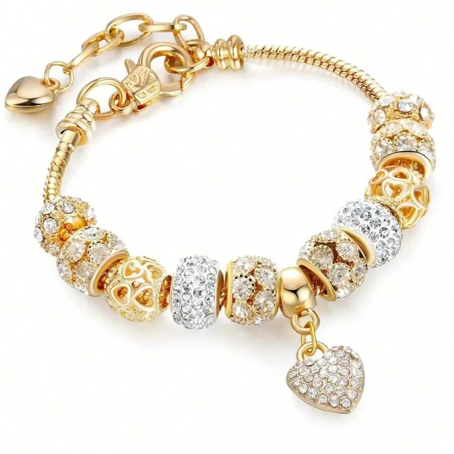 Love Heart Flower Glass Pendant Charm Bracelet Classic Pink White Crystal Stone Adjustable Bead Bracelet Silver Gold Color