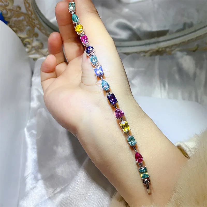 Luxury Rainbow Genuine Moissanite Tennis Bracelet S925 Sterling Silver Mixed Cut Heart Pear Round Square Gemstone Bracelet for Women Fine Jewelry Daily Wear Party Birthday Gift