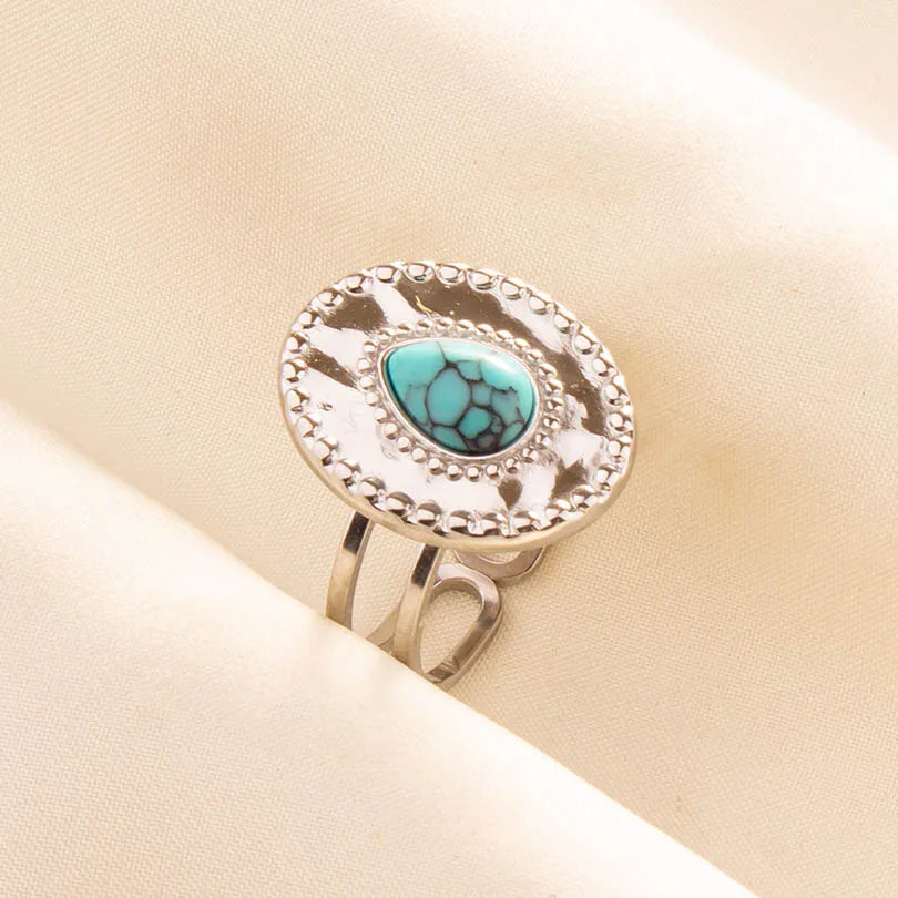 1pc Stainless Steel Boho Turquoise Open Finger Rings Trendy Adjustable Women Multi Layers Stackable