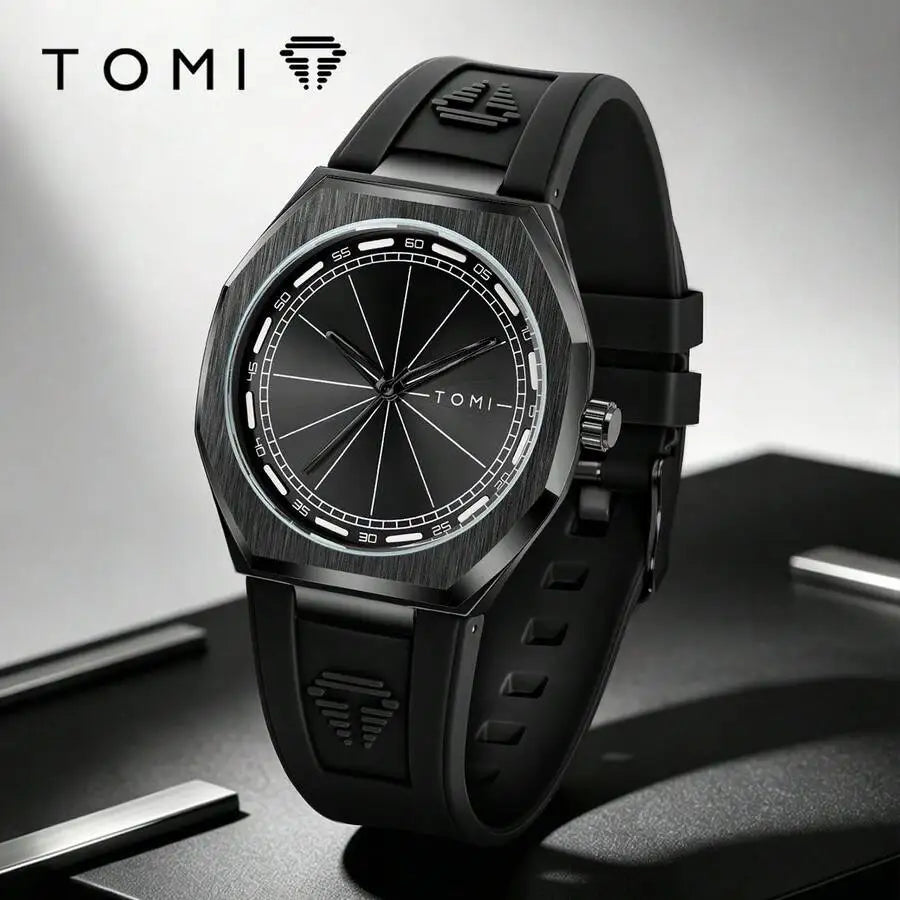 TOMI 1pc TOMI Unisex Fashion Octagonal Quartz Watch Silicone Strap Brushed Case Business Casual Wristwatch Suitable For Daily
