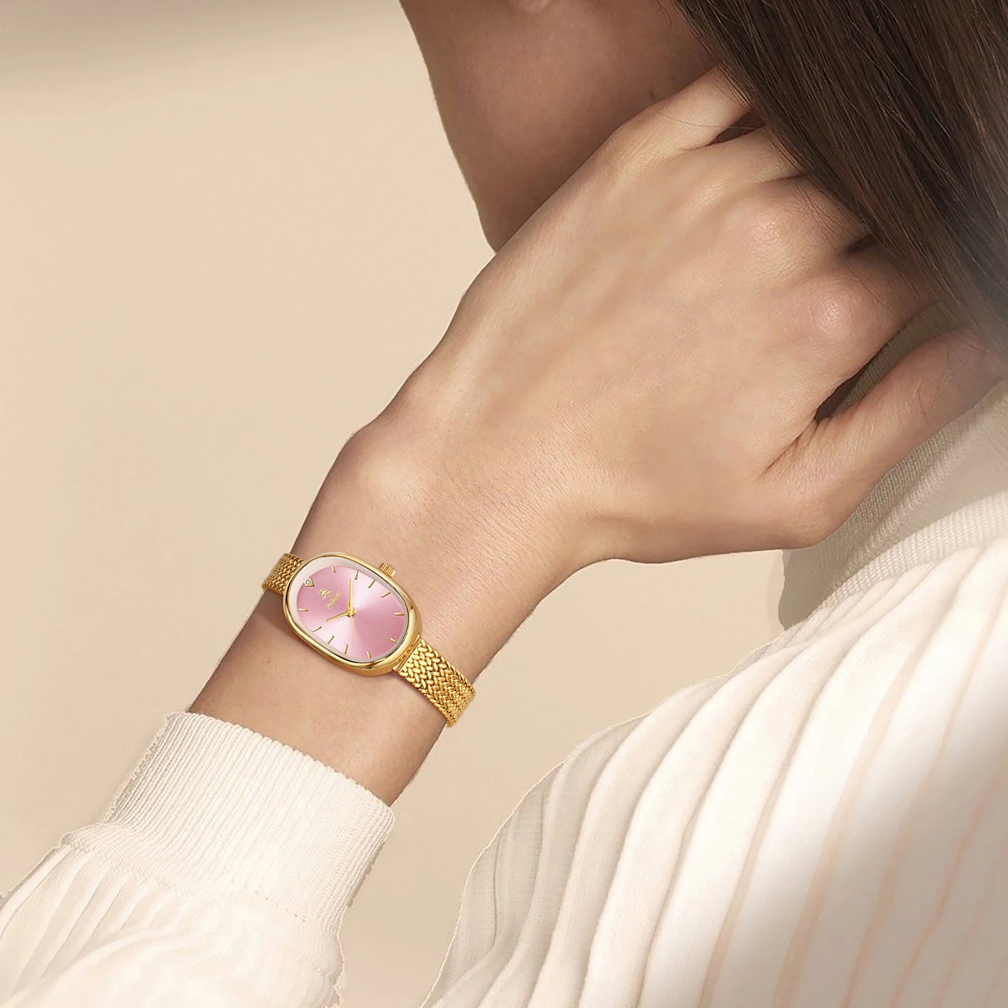 YaLaLuSi Oval Pink  Dial Gold Herringbone Mesh Women Watch Tiny Diamond Index Minimal Thin Case Ladies Quartz Bracelet Dress Wristwatch