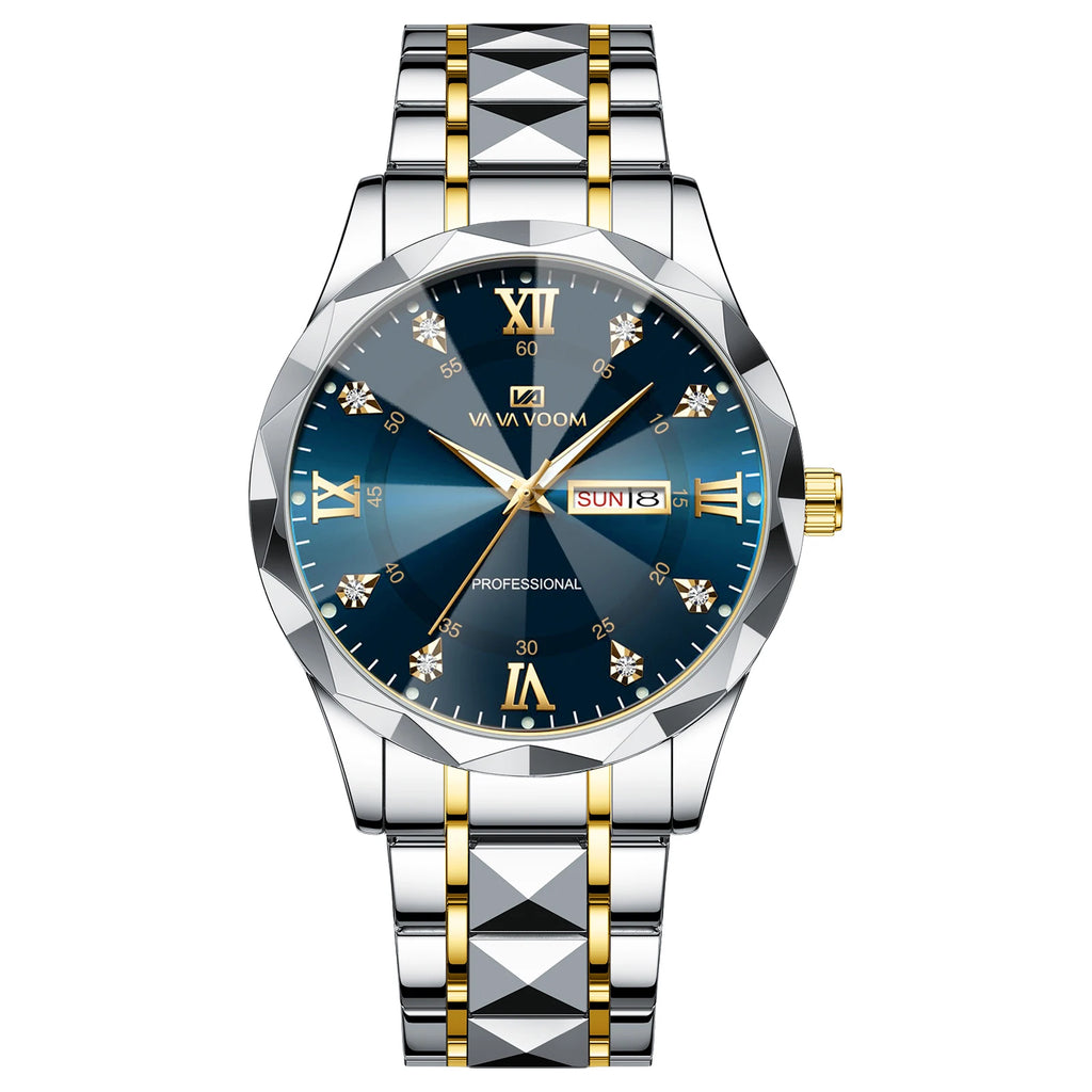 VA VA VOOM Hot Selling Original Blue Gold Quartz Watch Men Fashion High Quality Rhombus Design Fashion Business Japanese Movement Gold Stainless Steel Fashion Clock Sports Gift Watch for Men mbzr