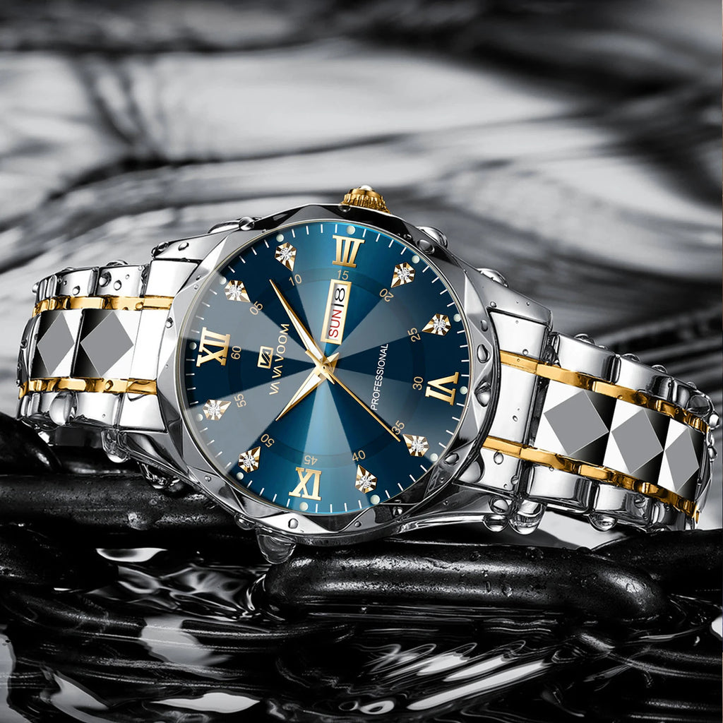 VA VA VOOM Hot Selling Original Blue Gold Quartz Watch Men Fashion High Quality Rhombus Design Fashion Business Japanese Movement Gold Stainless Steel Fashion Clock Sports Gift Watch for Men mbzr