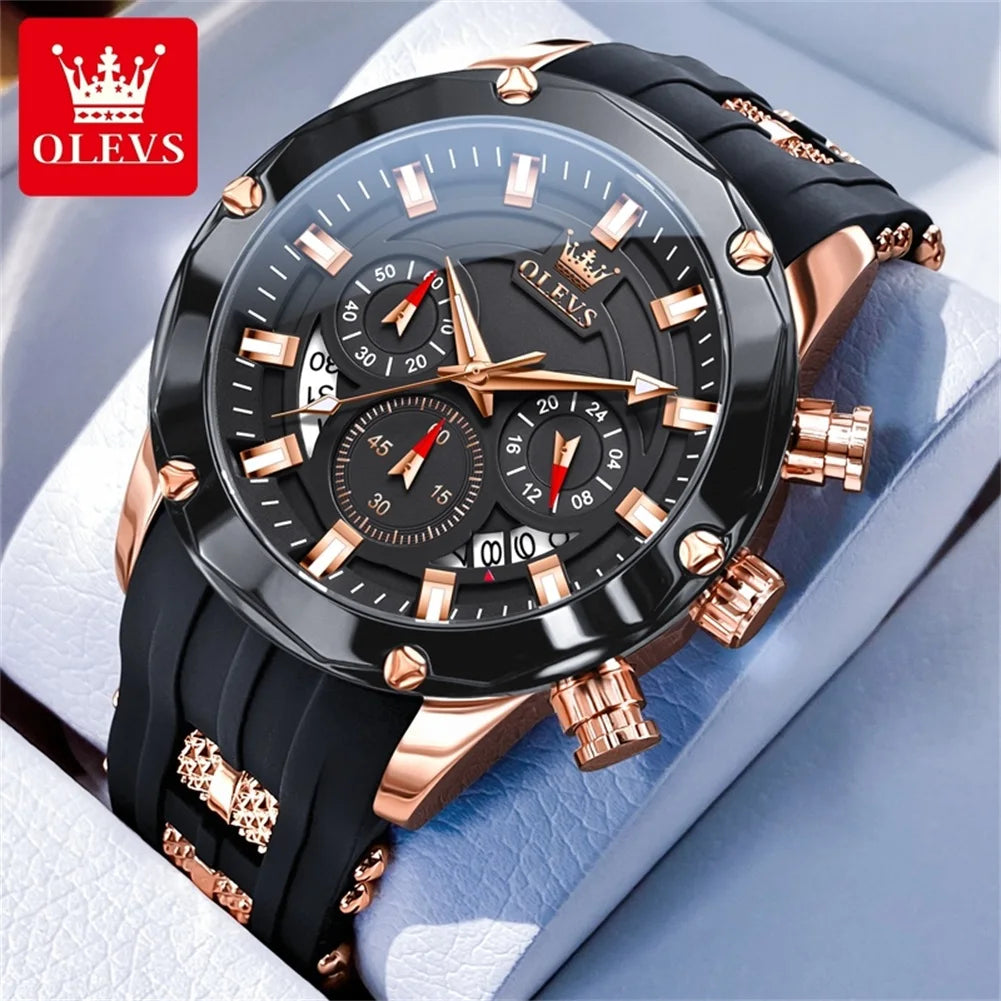 OLEVS 9991 Top Trendy Men's Watch Waterproof Silicone Strap Luxury Multifunctional Chronograph Brand Sports Quartz Men's Watch mbzr