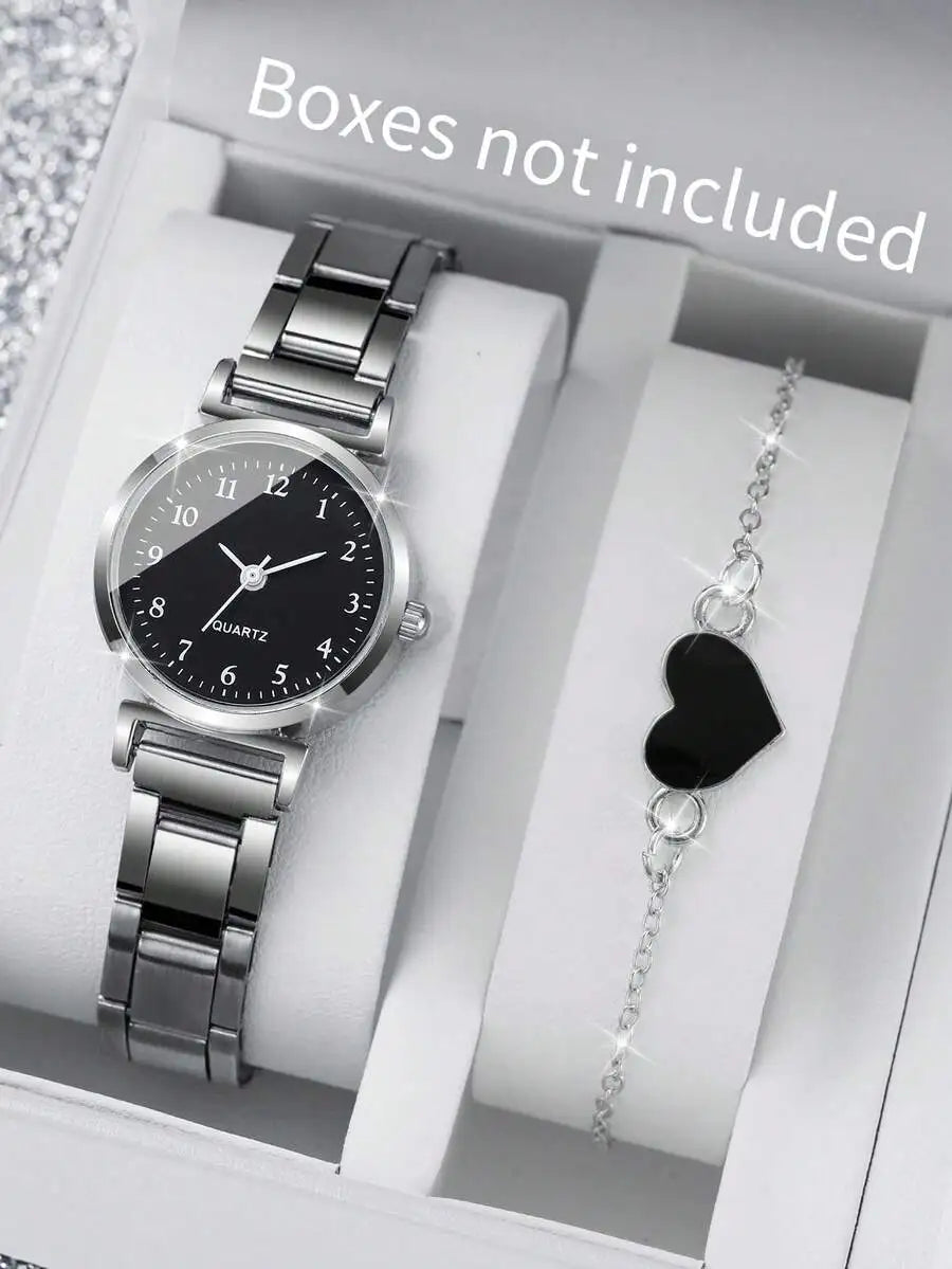 2pcs/Set Women Stainless Steel Band Square Fashion Minimalist Numeric Dial Quartz Watch & Bracelet