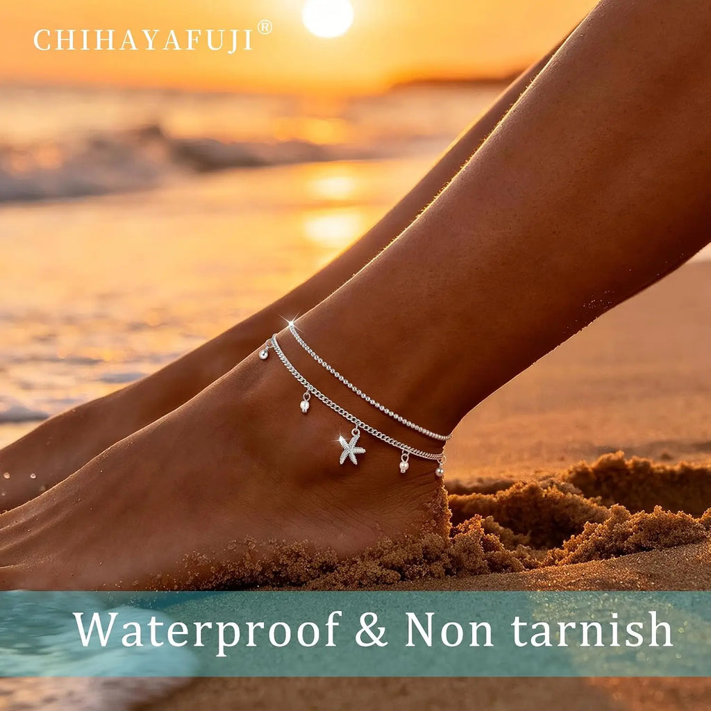 Sterling Silver Ankle Bracelets for Women 14k Gold Plated Waterproof Dainty Layered Stackable Seashell Pearl Charm Non Tarnish Adjustable Anklet for Summer Beach Jewelry Gift