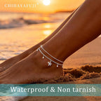 Sterling Silver Ankle Bracelets for Women 14k Gold Plated Waterproof Dainty Layered Stackable Seashell Pearl Charm Non Tarnish Adjustable Anklet for Summer Beach Jewelry Gift