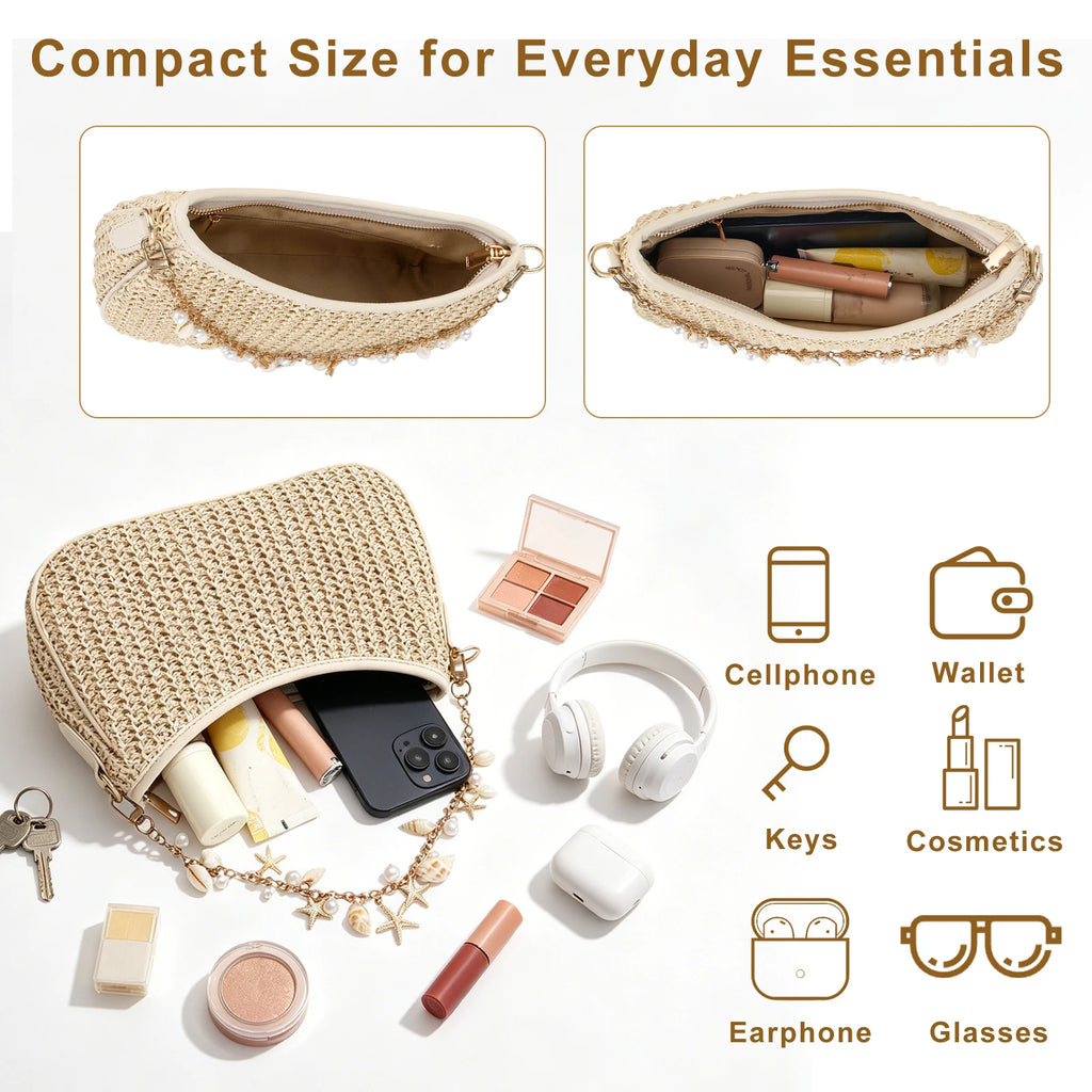 Bohemian Summer Straw Shoulder Bag with Ocean Shell, Starfish for Women Beach Vacation & Tropical Getaways Wrapped Handbags Ladies Handheld Crossbody Bags Totes mbzr