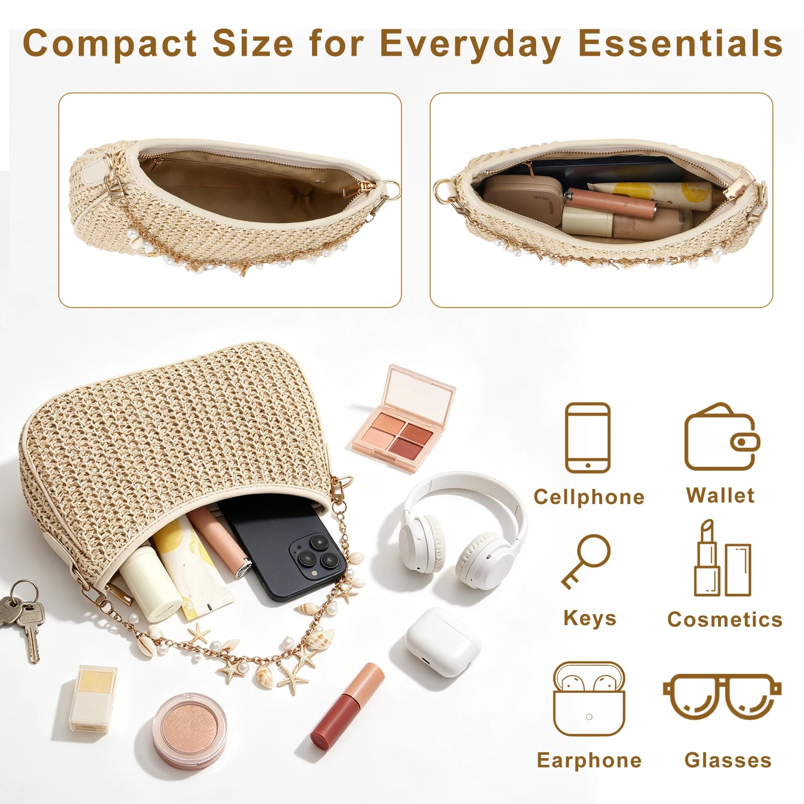 Bohemian Summer Straw Shoulder Bag with Ocean Shell, Starfish for Women Beach Vacation & Tropical Getaways Wrapped Handbags Ladies Handheld Crossbody Bags Totes mbzr