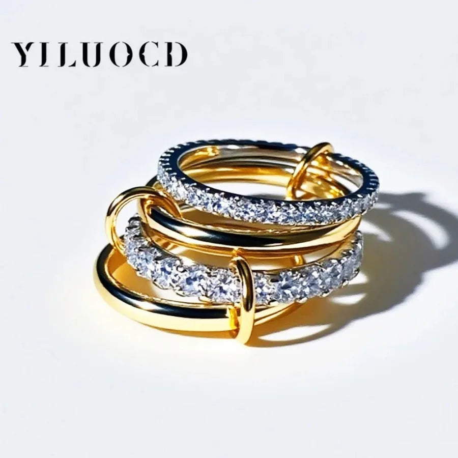 New Stainless Steel Cubic Zirconia Stackable Rings for Women 18k GoldPlating Multi-Link Connected Statement Ring Stack Jewelry