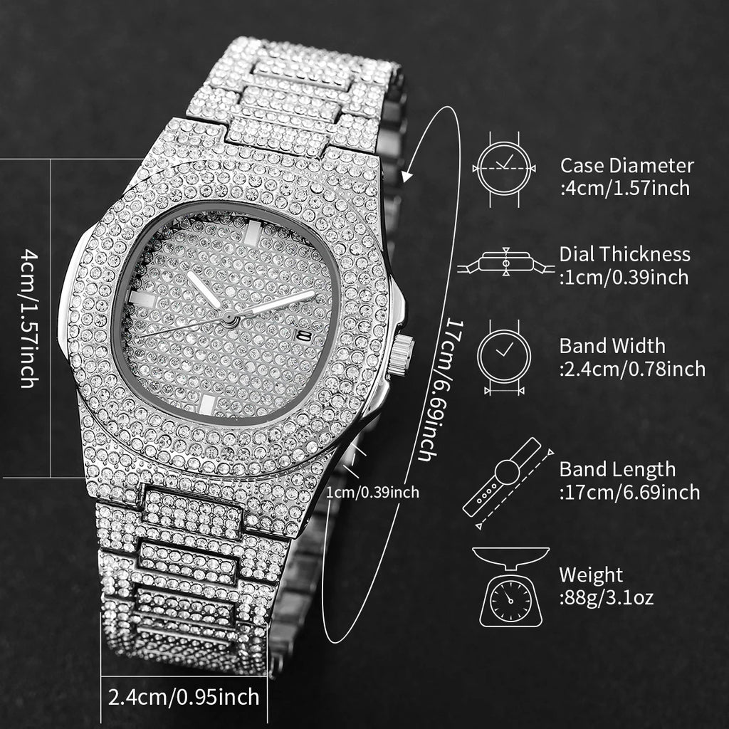 Luxury Full Diamond Men's Stainless Steel Watches Male Sports Quartz Wristwatch with Calendar mbzr