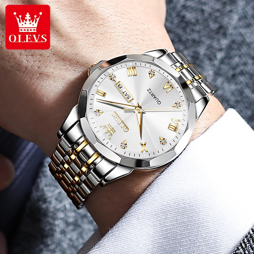 OLEVS 9931 Brand Original Authentic Watches for Man Luxury Gift Box Steel Belt Double Calendar Quartz Female and Male Expression Couple Models