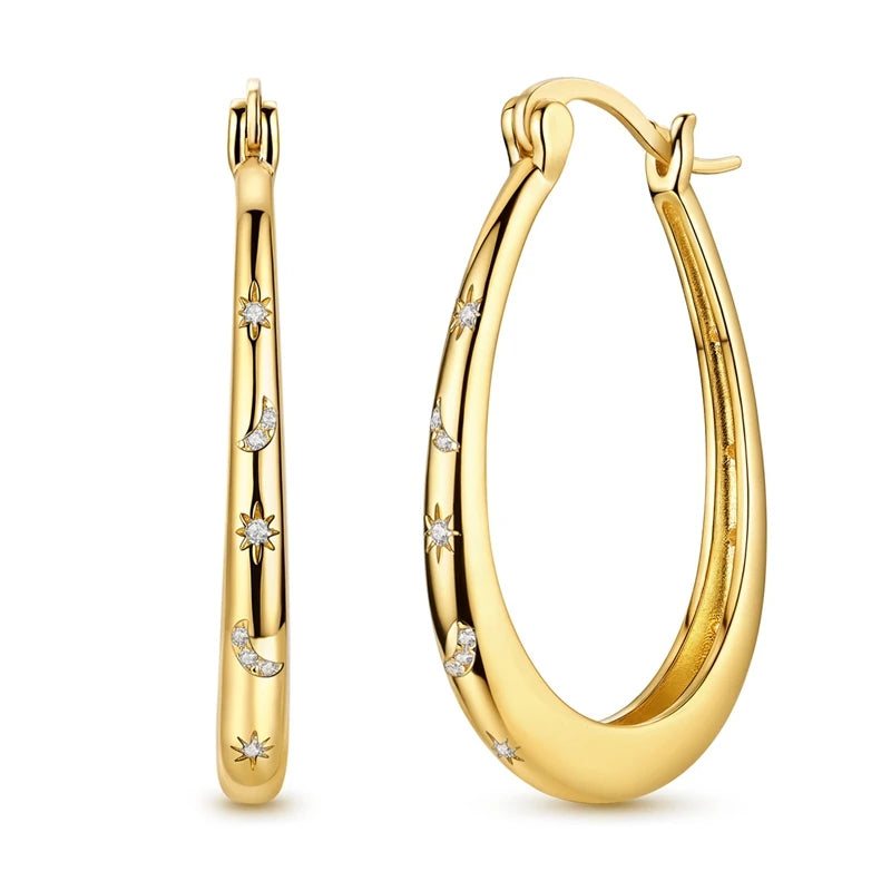 MULA 925 Sterling Silver Sun Moon Stars Hoop Earrings Classic Simple Fashion Jewelry