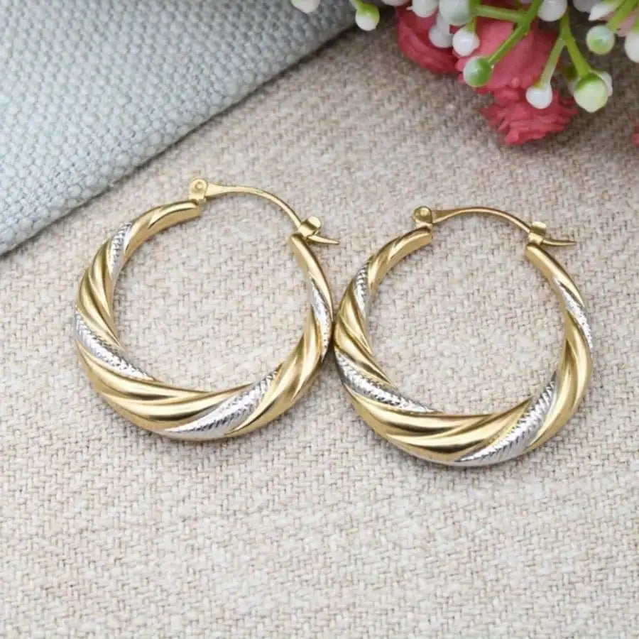 316 Stainless Steel Two-tone Twisted Hoop Earrings, Classic Retro Textured Jewelry