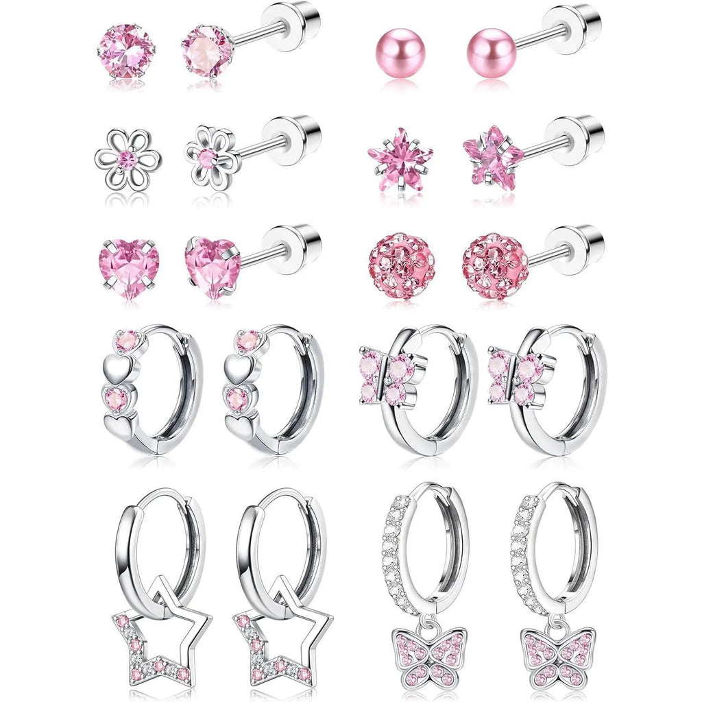 10Pairs Earrings for Women Girls Silver Stud Hoop Earrings Set Cute Surgical Steel Hypoallergenic Earrings Pink Heart Butterfly Flower Pearl Screw Back Earrings for Women Sleeper Earrings
