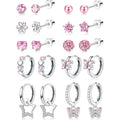 10Pairs Earrings for Women Girls Silver Stud Hoop Earrings Set Cute Surgical Steel Hypoallergenic Earrings Pink Heart Butterfly Flower Pearl Screw Back Earrings for Women Sleeper Earrings