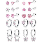 10Pairs Earrings for Women Girls Silver Stud Hoop Earrings Set Cute Surgical Steel Hypoallergenic Earrings Pink Heart Butterfly Flower Pearl Screw Back Earrings for Women Sleeper Earrings