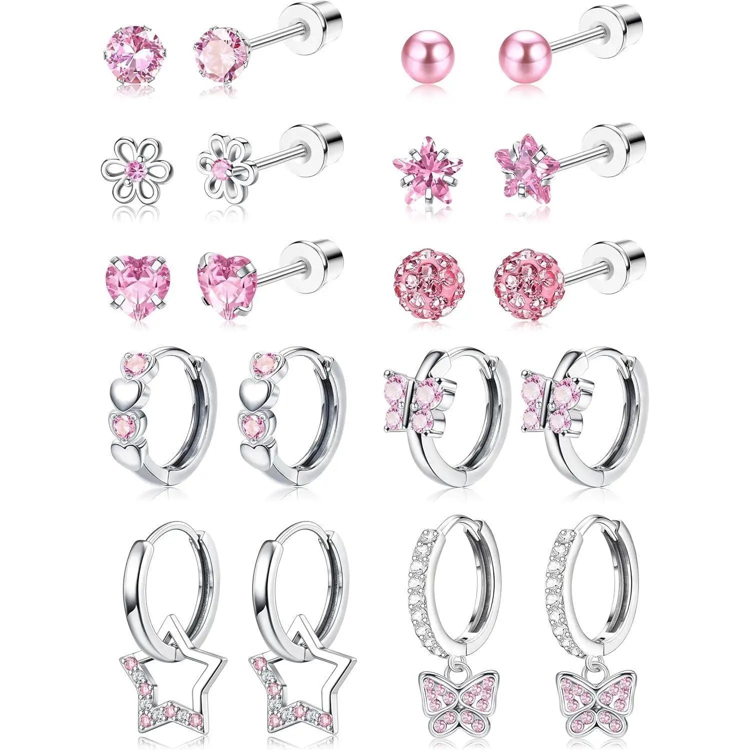 10Pairs Earrings for Women Girls Silver Stud Hoop Earrings Set Cute Surgical Steel Hypoallergenic Earrings Pink Heart Butterfly Flower Pearl Screw Back Earrings for Women Sleeper Earrings