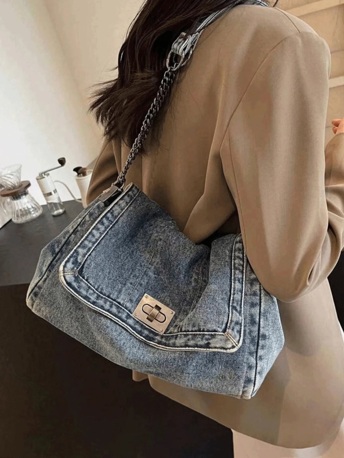 Classic Solid Retro Washed Denim Shoulder Bag, Quilted Stitch, Metal Chain, Large Capacity For Shopping & Daily Outings.Y2k