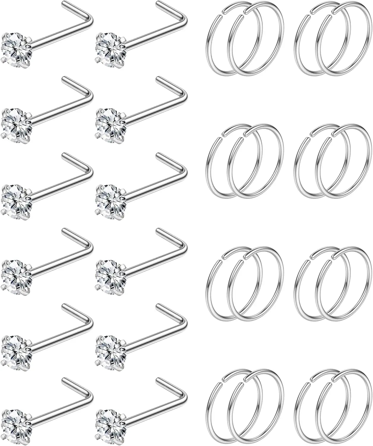 28PCS 316L Stainless Steel Nose Rings Hoops Studs for Women Men CZ L Shaped CZ Nose Stud Hoop Nostril Piercings Jewelry Set mbzr