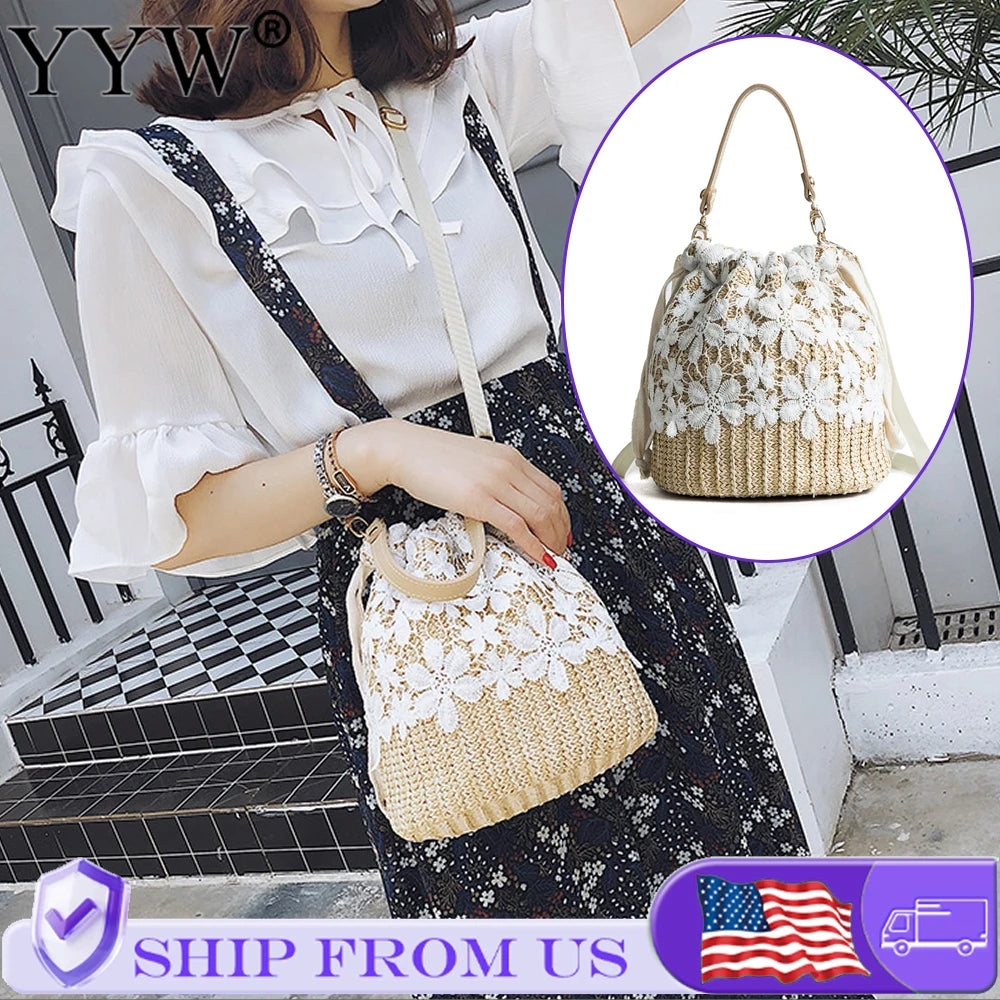 Summer Straw Weave Woven Handbag Women Fashion Bucket Bag Causal Holiday Beach Bag Elegant floral Lace Shoulder Crossbody Bag 2026 mbzr